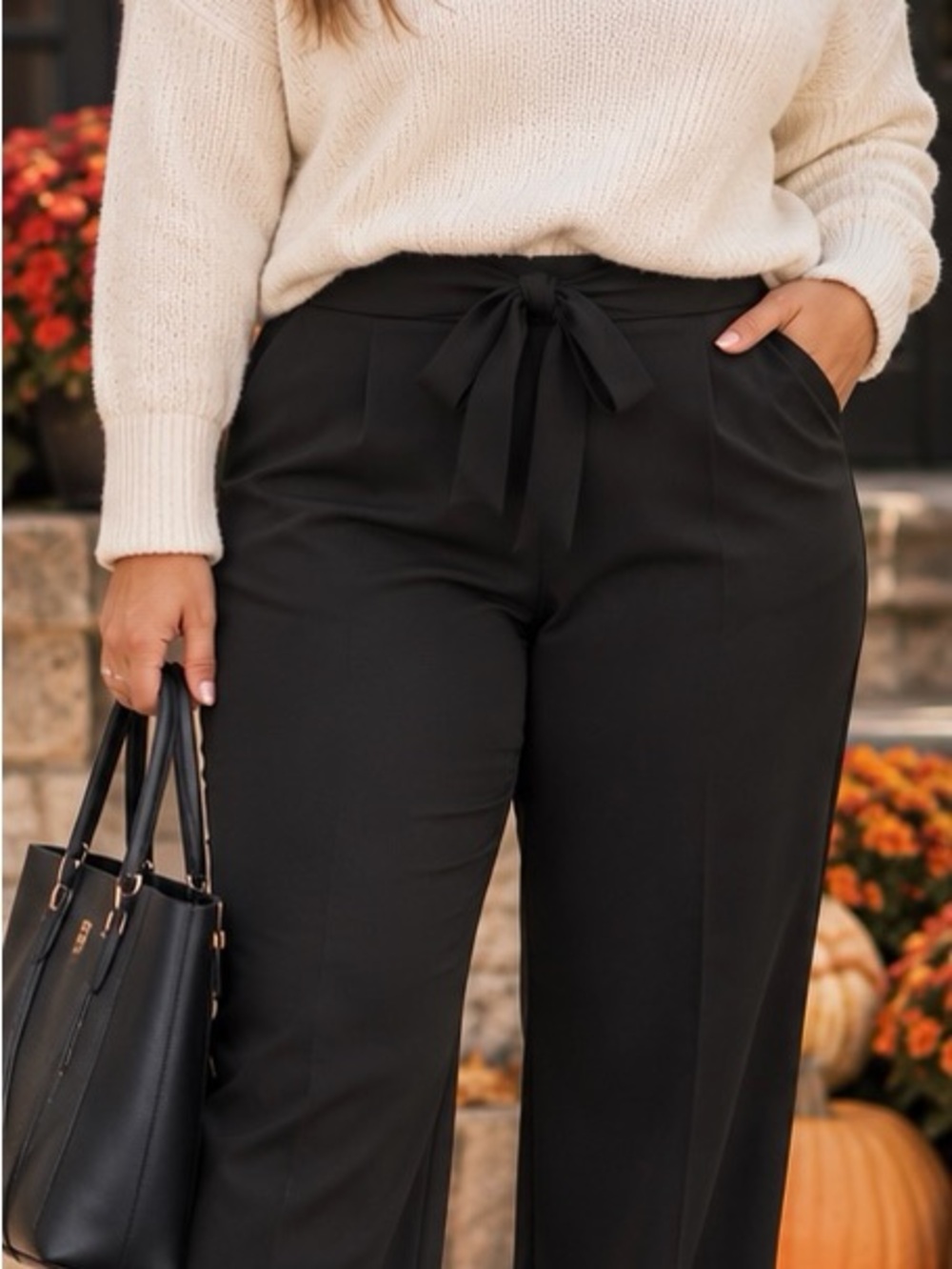 Calvin Klein Black Tie-Waist Wide-Leg Pants Size XL Office Business Chic